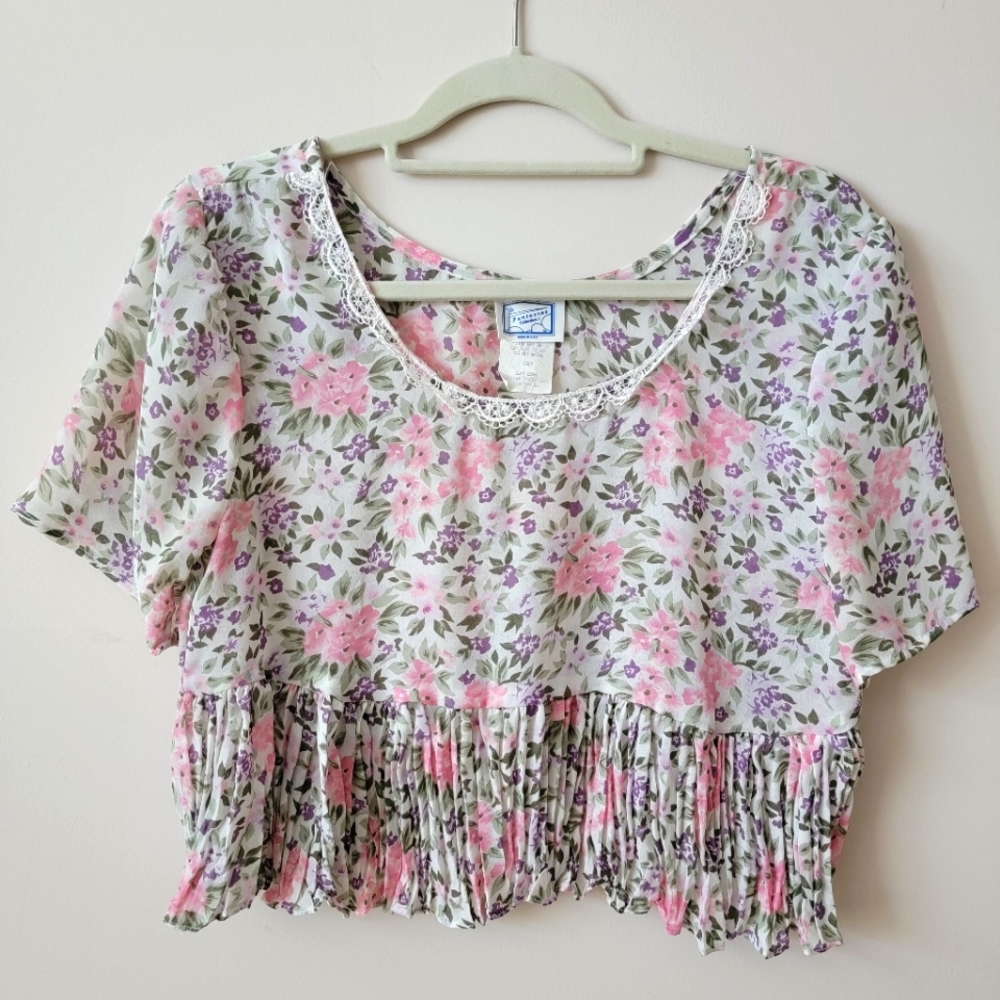 Vintage Fantaseas 80s Pink Purple Green Floral Top Small